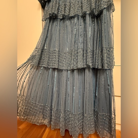 NWT | Mac Duggal 5442 Blue Emblemished Bell Sleeve Tiered Gown Size 16 - Picture 7 of 17